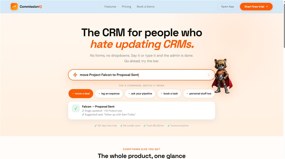 CommissionIQ landing page showing its natural-language command bar